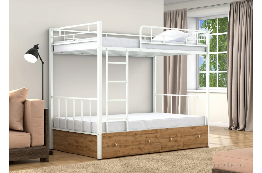 Двухъярусная кровать Валенсия 120 ящики белый / дуб крафт табак
