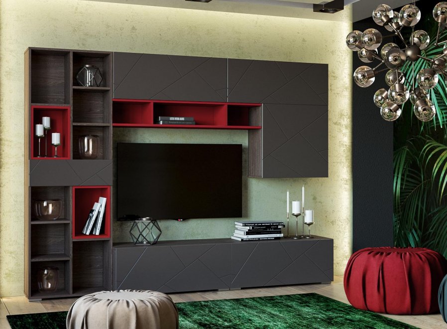 Модульная гостиная Summit софт графит / ярко-красная / ясень анкор темный комплектация 7