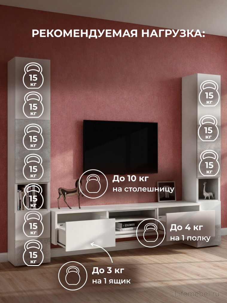 Модульная гостиная Лонгфорд комплектация 1 белый / бетон светлый