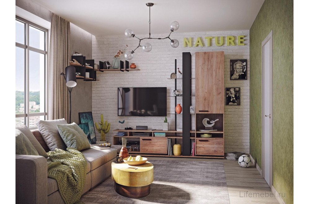 Модульная гостиная Nature (комплектация 2) дуб табачный craft / дуб табачный craft черный