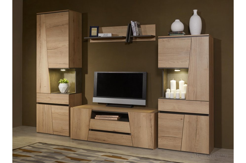 Модульная гостиная Стреза дуб галифакс натуральный / бетон чикаго темно-серый