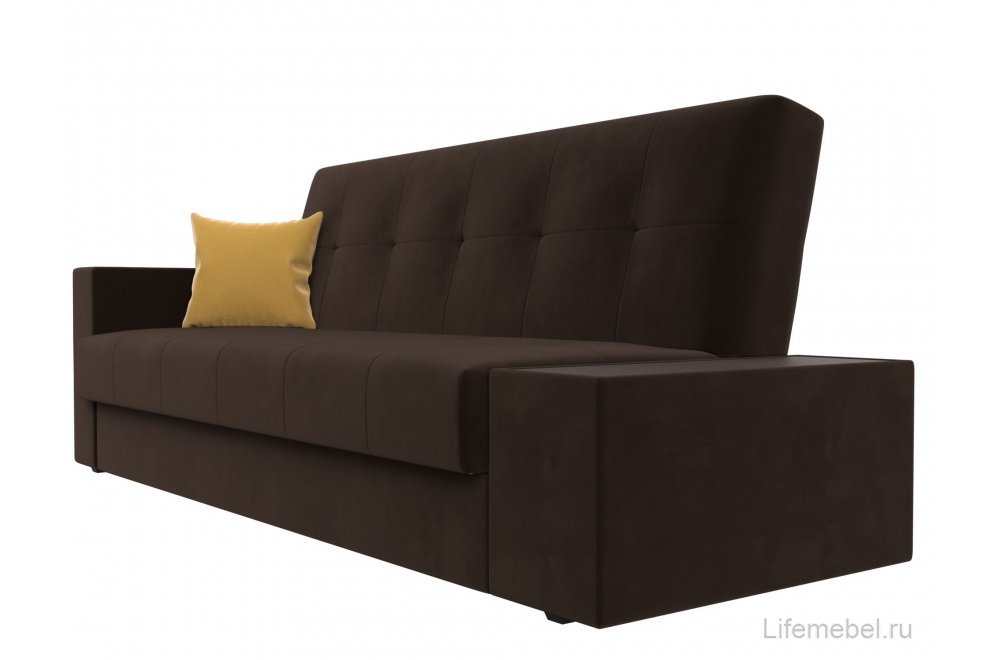 Диван Лига-020 микровельвет сиденье и спинка микровельвет коричневый / подлокотники и царга микровельвет коричневый / декоративная подушка микровельвет желтый