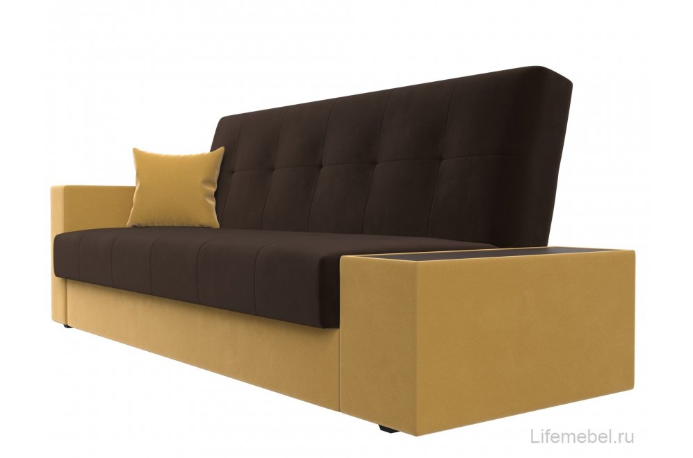 Диван Лига-020 микровельвет сиденье и спинка микровельвет коричневый / подлокотники и царга микровельвет желтый / декоративная подушка микровельвет желтый