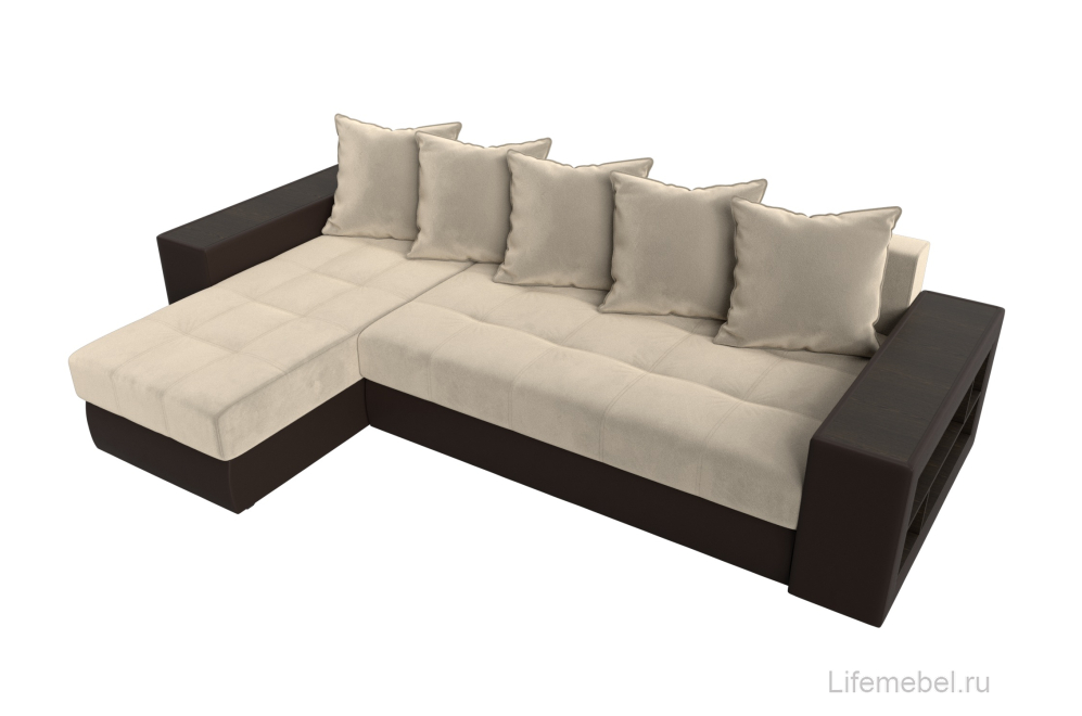 Диван угловой Дубай микровельвет бежевый / экокожа коричневый левый