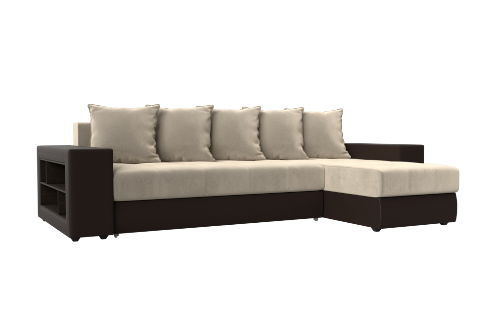 Диван угловой Шервуд микровельвет бежевый / экокожа коричневый правый