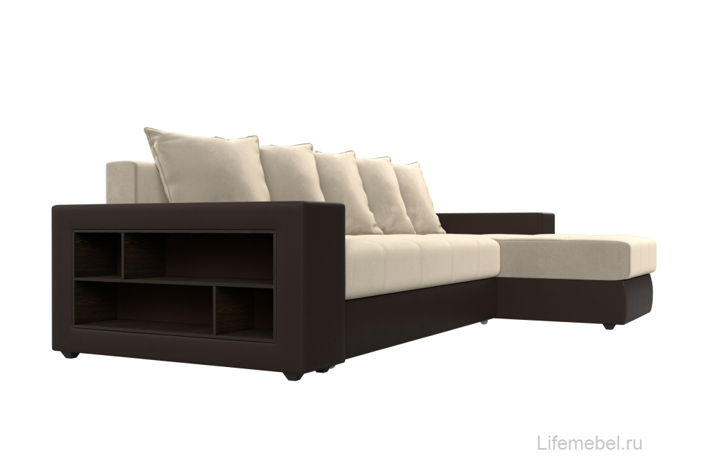 Диван угловой Шервуд микровельвет бежевый / экокожа коричневый правый