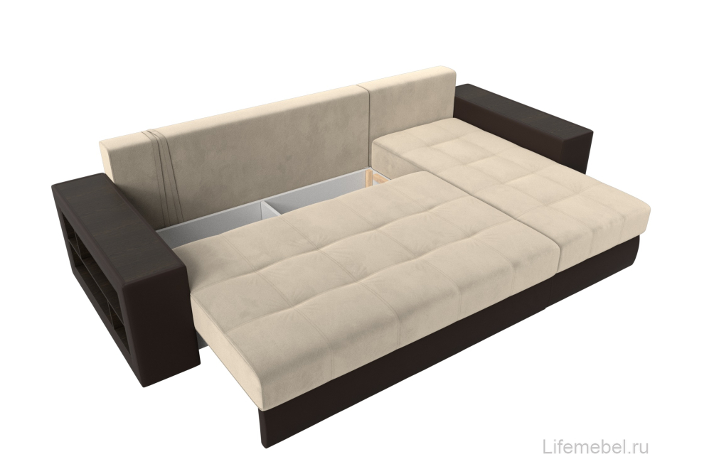 Диван угловой Шервуд микровельвет бежевый / экокожа коричневый правый