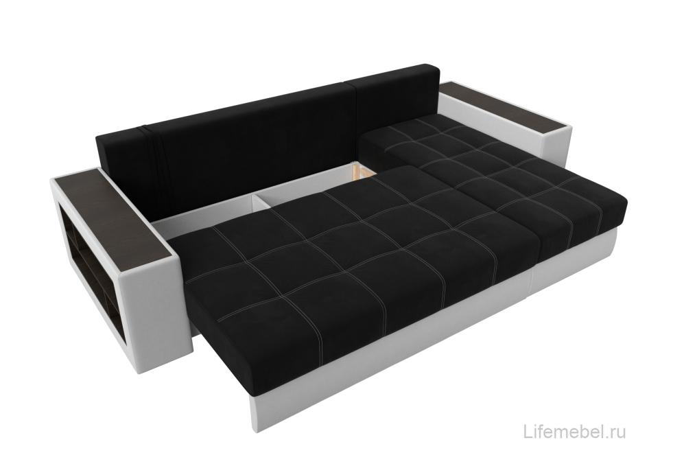 Диван угловой Шервуд микровельвет черный / экокожа белая правый