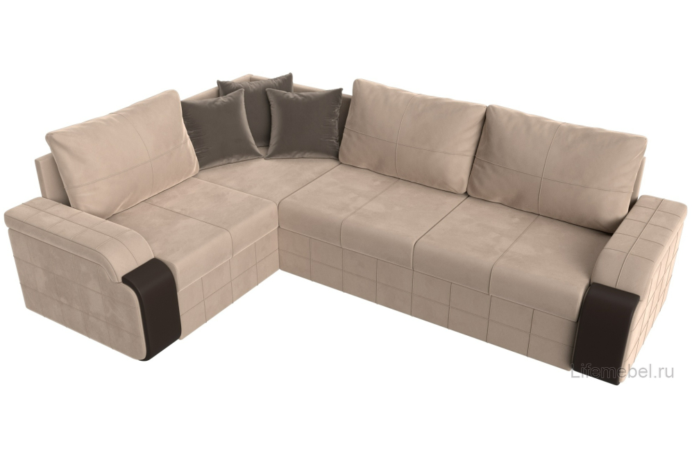 Диван угловой Николь левый велюр / экокожа бежевый / коричневый