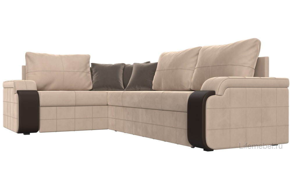 Диван угловой Николь левый велюр / экокожа бежевый / коричневый