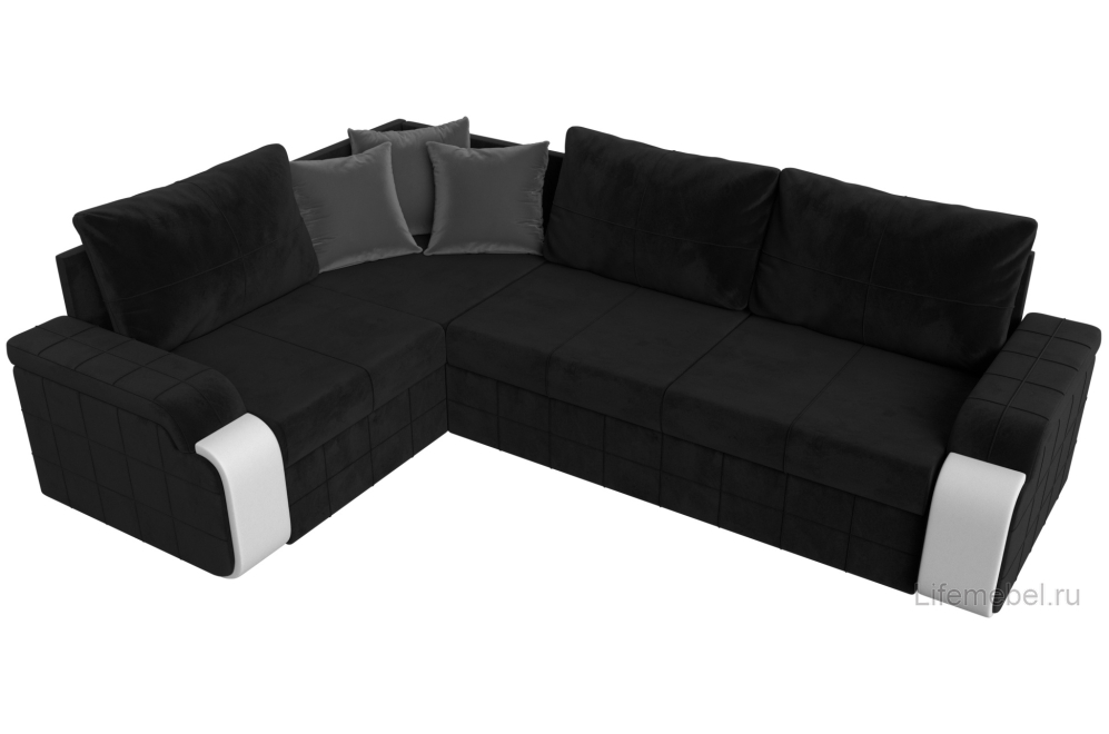 Диван угловой Женева левый велюр / экокожа черный / белый / серый