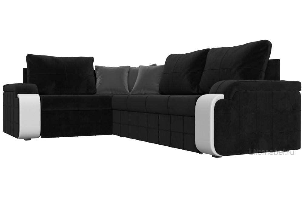 Диван угловой Женева левый велюр / экокожа черный / белый / серый
