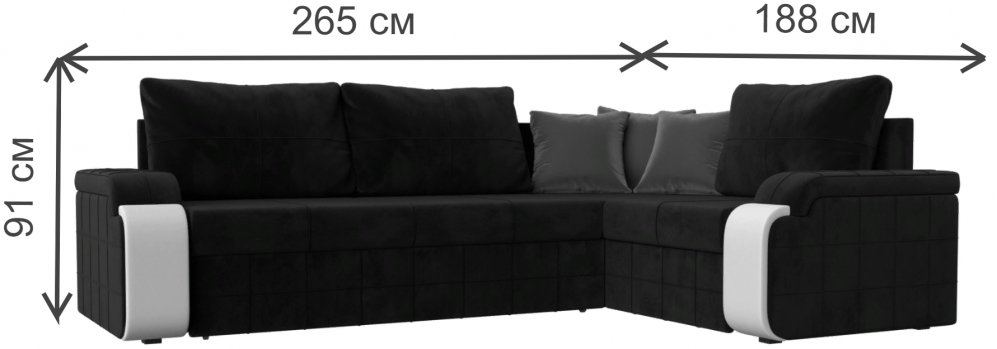 Диван угловой Женева правый черный велюр / белая экокожа
