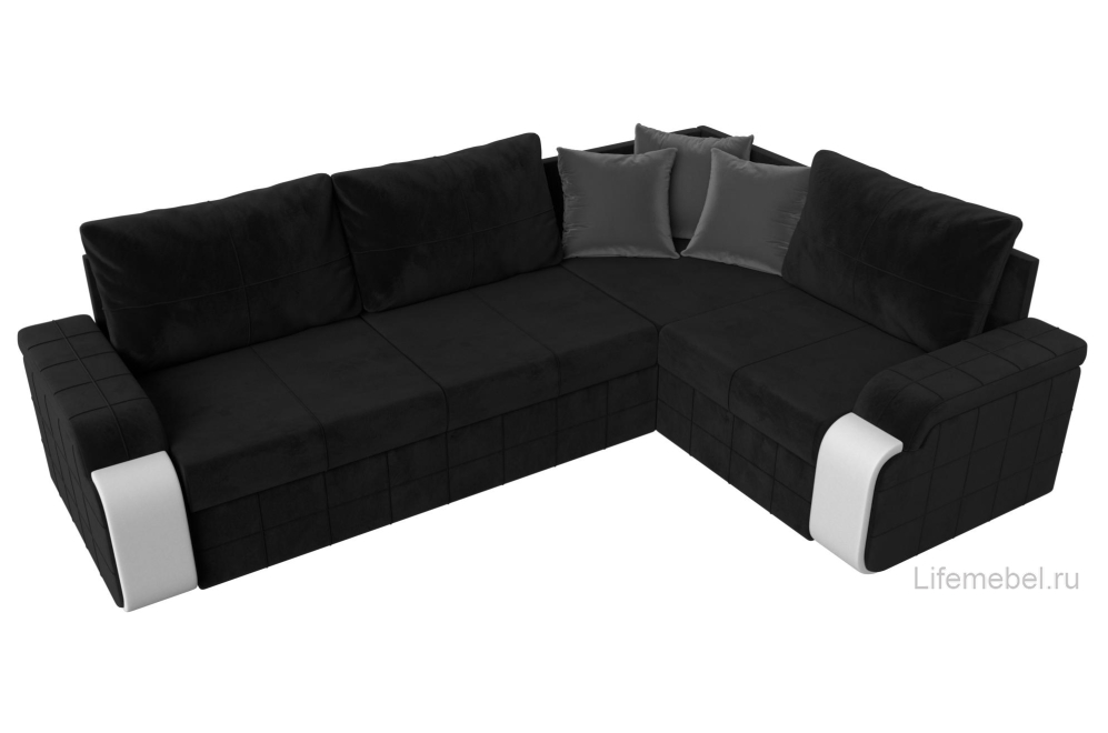Диван угловой Женева правый черный велюр / белая экокожа