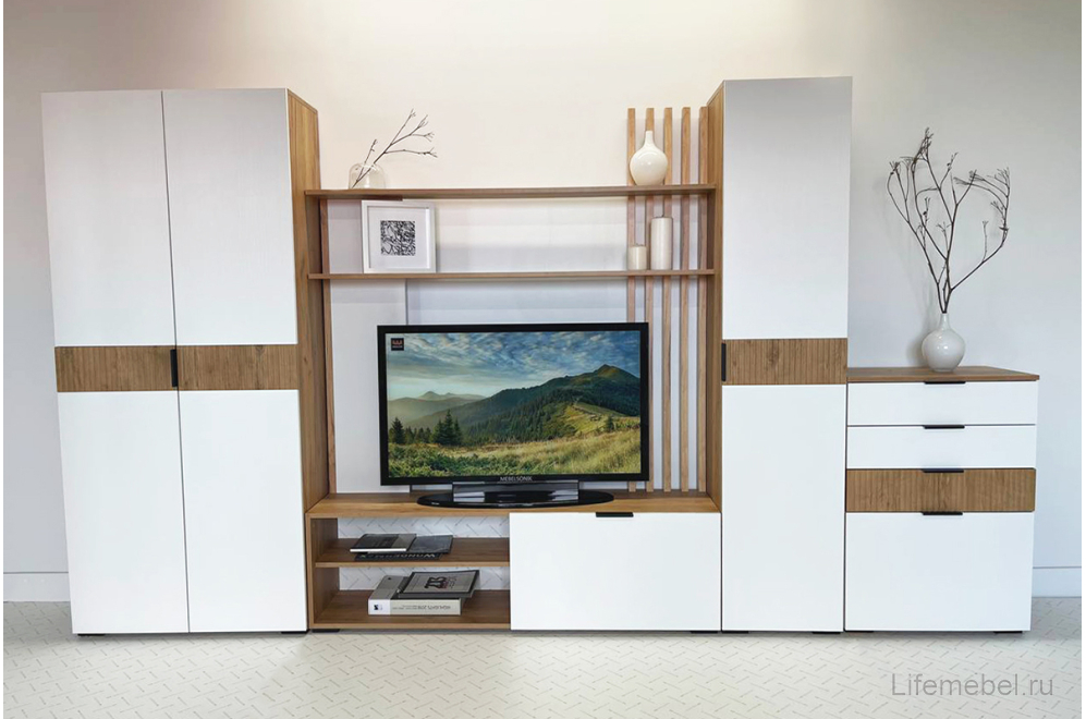 Готовая гостиная Бери дуб крафт золотой / белое дерево