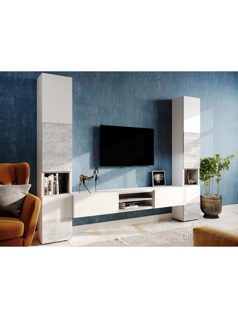 Стеллаж Лонгфорд белый / бетон светлый