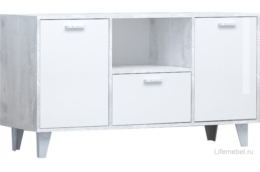 ТВ-тумба Эго Т-2 на ножках бетон светлый / белый глянец