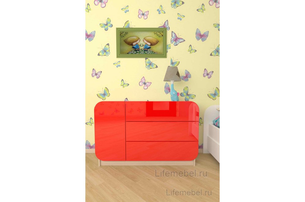 Комод Мебелеф - 29 левый дуб молочный / красный глянец