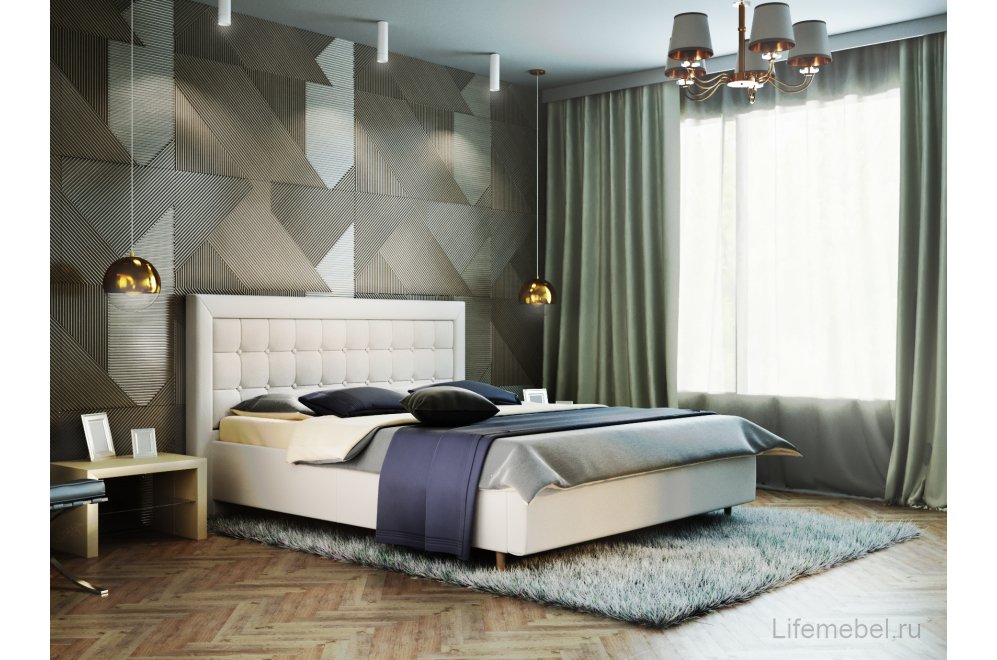 Двуспальная кровать Афродита-8-2 200х200 с ПМ экокожа marvel white