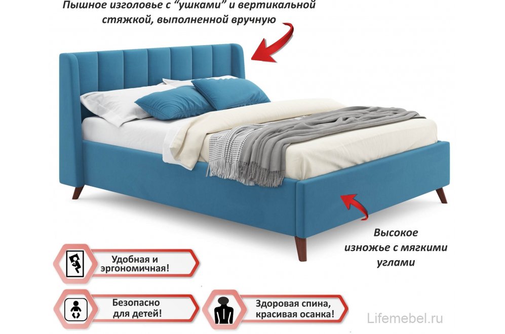 Двуспальная кровать Betsi 160х200 с ПМ велюр синий