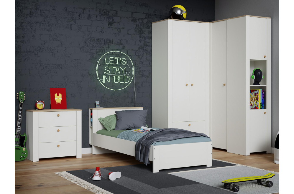 Односпальная кровать Джастин 11.54 90х200 белый PE шагрень / дуб белый exclusive OW D4430 / белая шагрень 4101