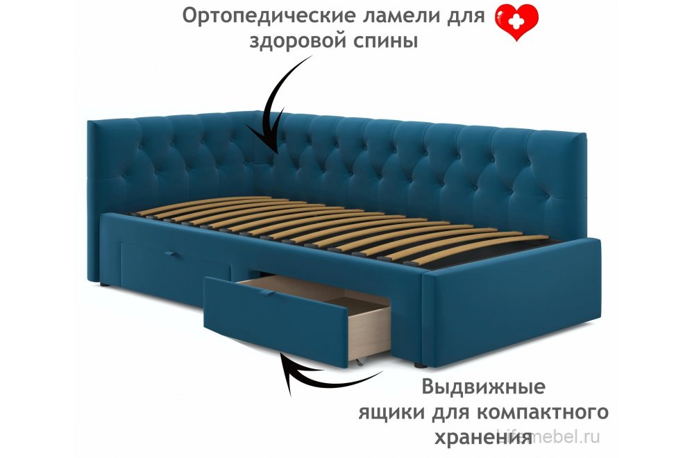 Тахта Ариэтта 90x200 с ортопедическим основанием и ящиками синяя
