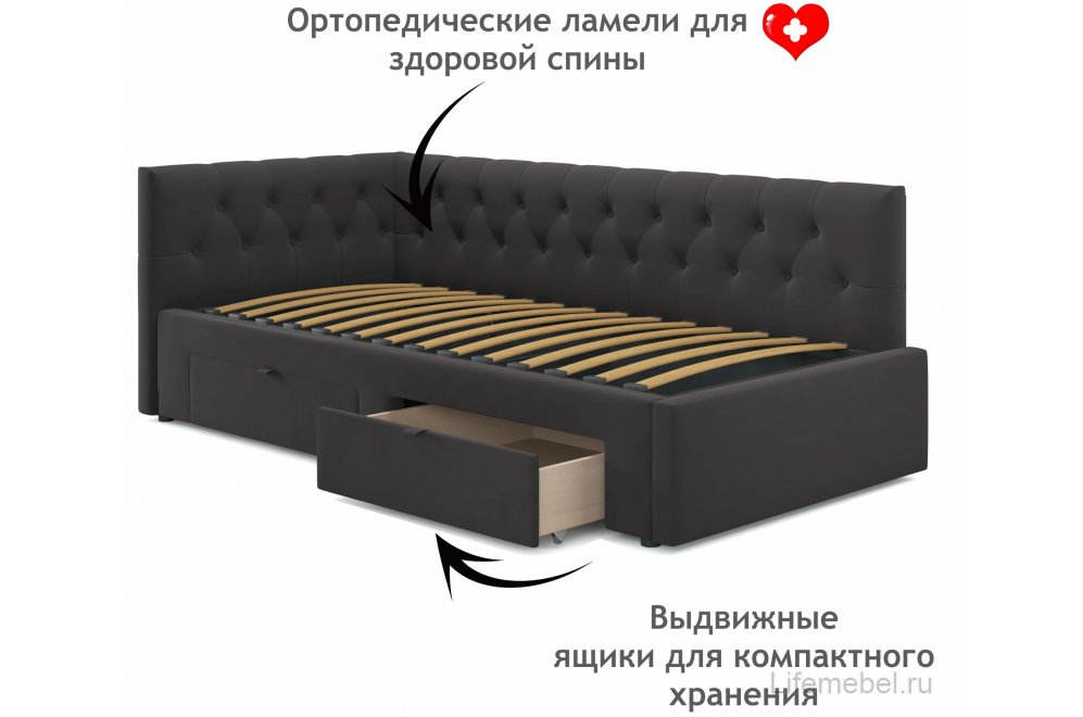 Тахта Ариэтта 90x200 с ортопедическим основанием с ящиками и бортиком шоколад