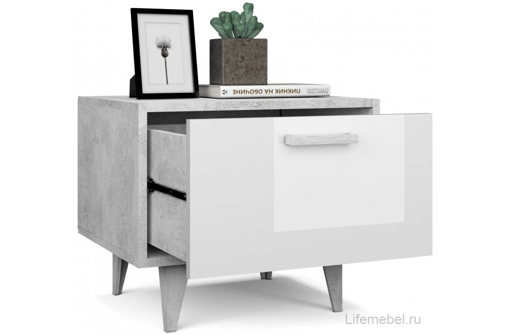 Прикроватная тумба Эго Т-5 на ножках бетон светлый / белый глянец