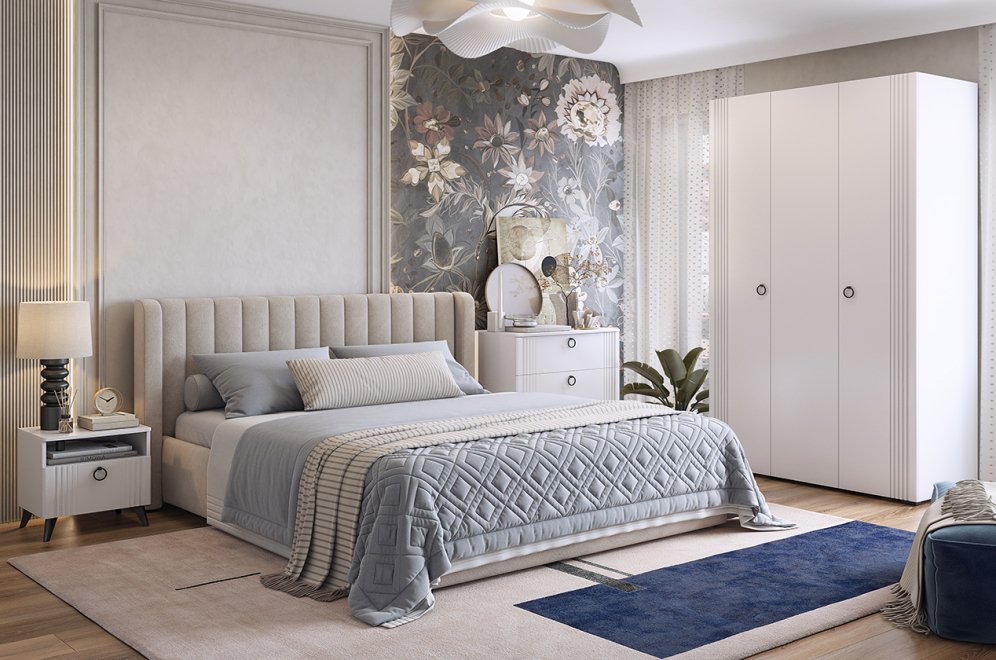 Спальный гарнитур Ева К1 белое дерево / белый матовый / крем велюр