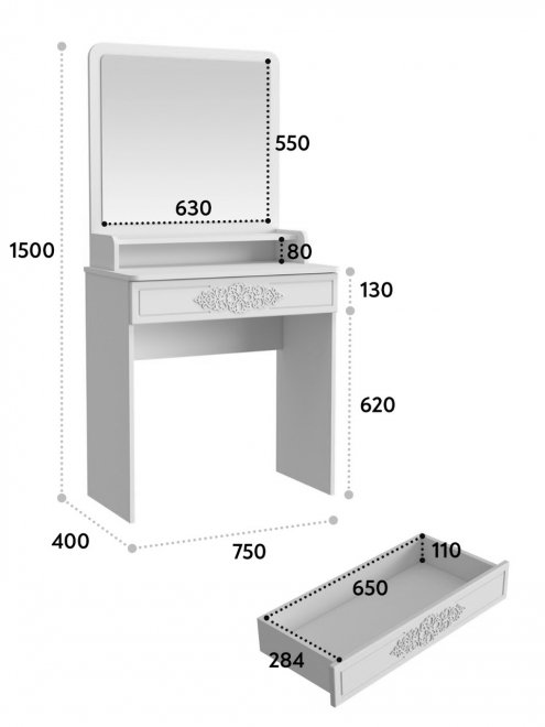 Туалетный столик Ассоль Лайт ТСН-1 белое дерево с зеркалом