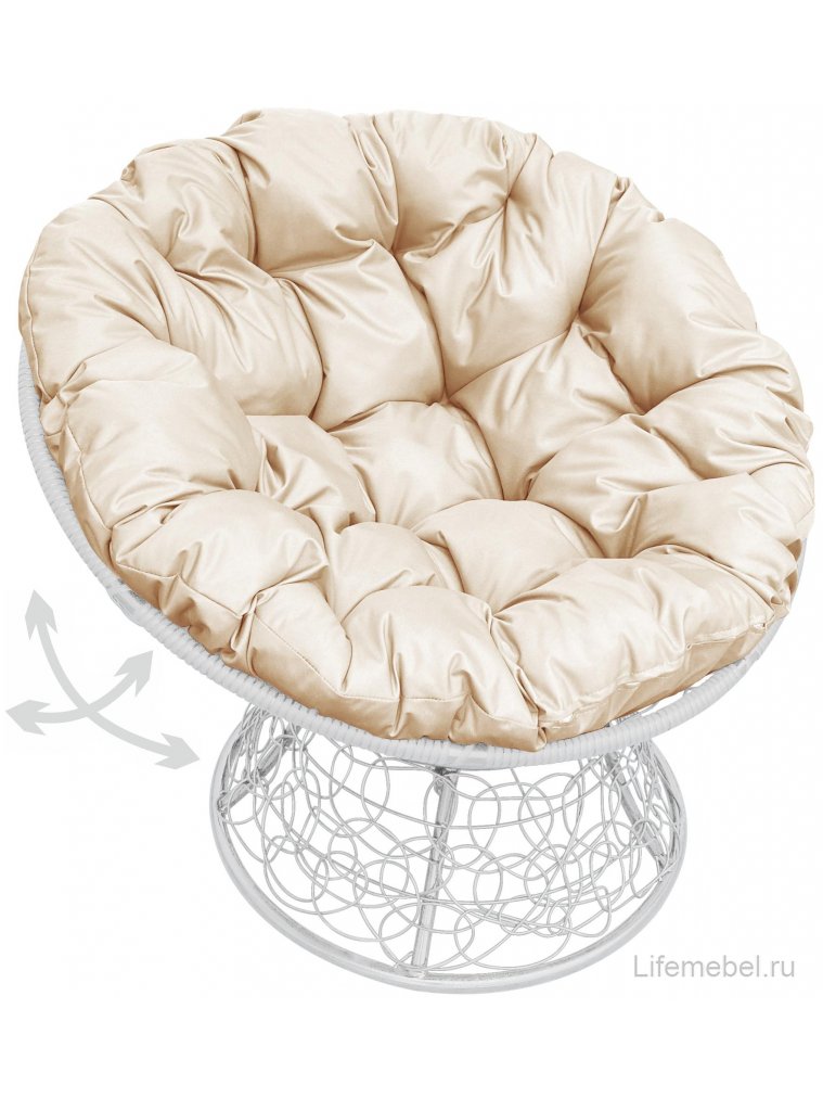 Кресло из ротанга Папасан белое / бежевая подушка