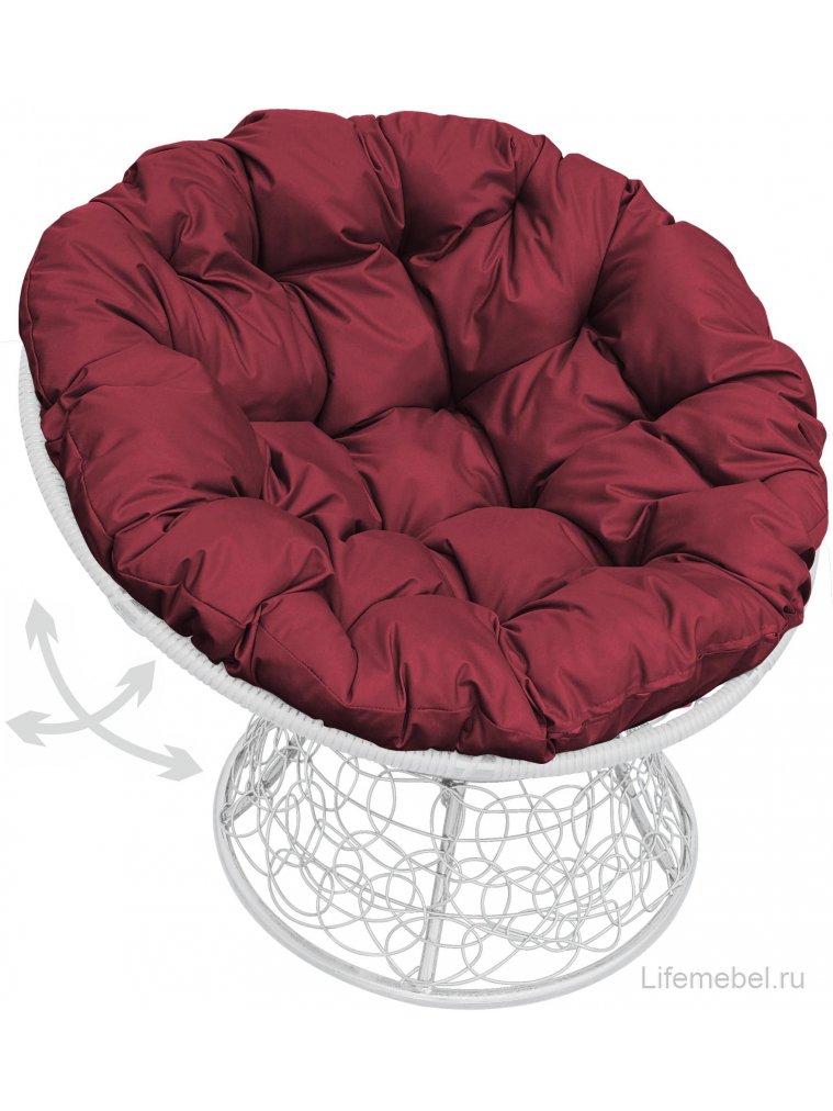 Кресло из ротанга Папасан белое / бордовая подушка