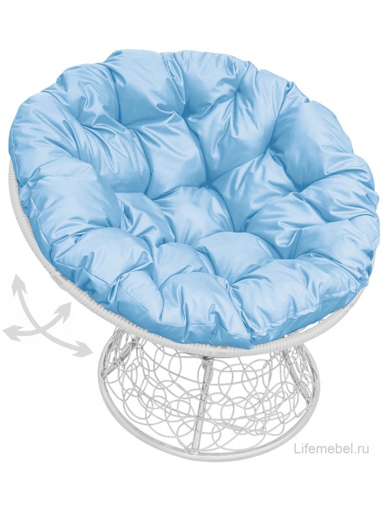 Кресло из ротанга Папасан белое / голубая подушка