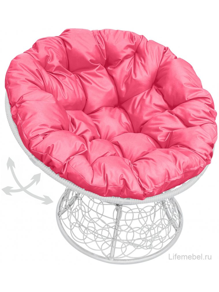 Кресло из ротанга Папасан белое / розовая подушка