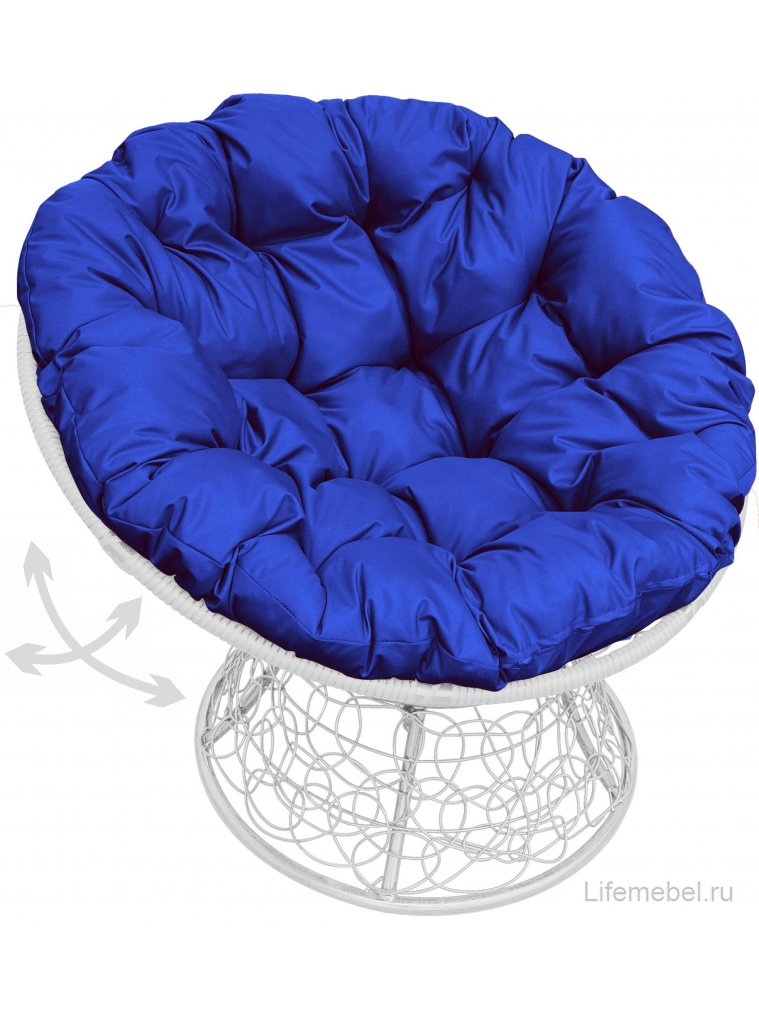Кресло из ротанга Папасан белое / синяя подушка