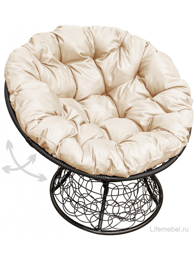 Кресло из ротанга Папасан чёрное / бежевая подушка