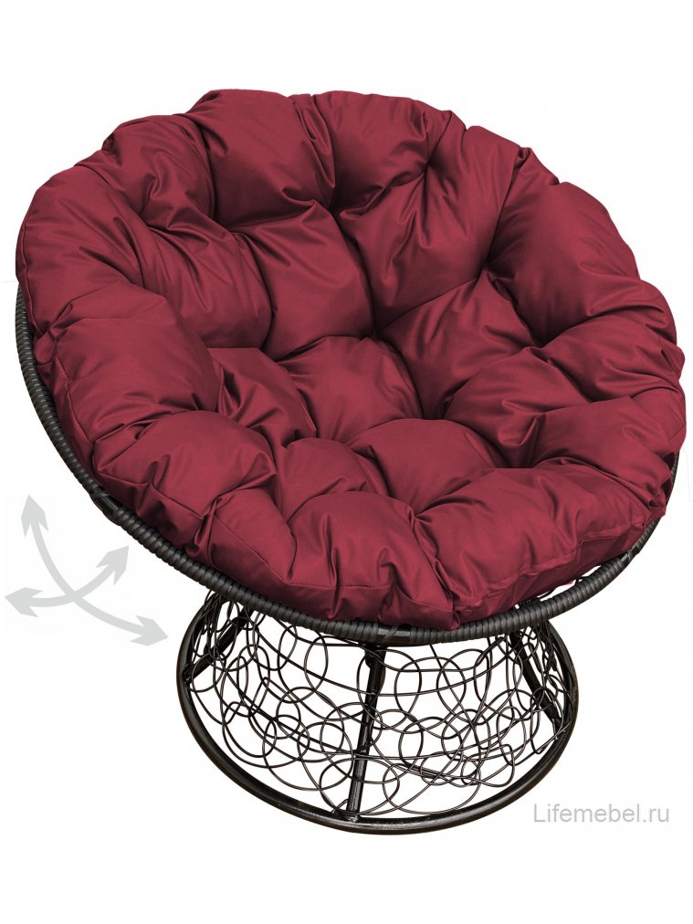 Кресло из ротанга Папасан чёрное / бордовая подушка