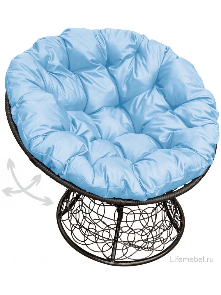 Кресло из ротанга Папасан чёрное / голубая подушка
