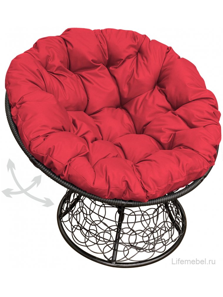 Кресло из ротанга Папасан чёрное / красная подушка