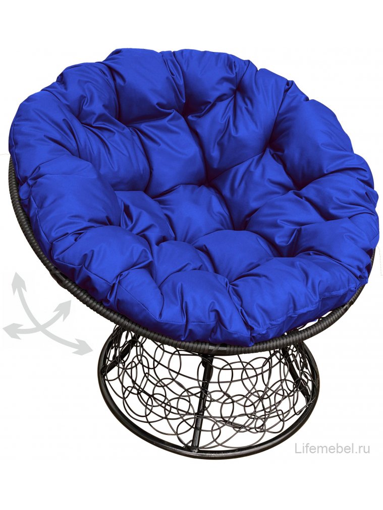 Кресло из ротанга Папасан чёрное / синяя подушка