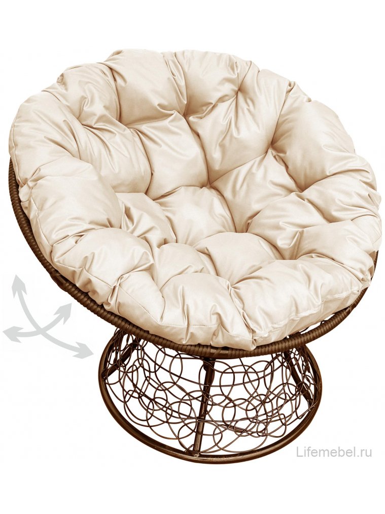 Кресло из ротанга Папасан коричневое / бежевая подушка