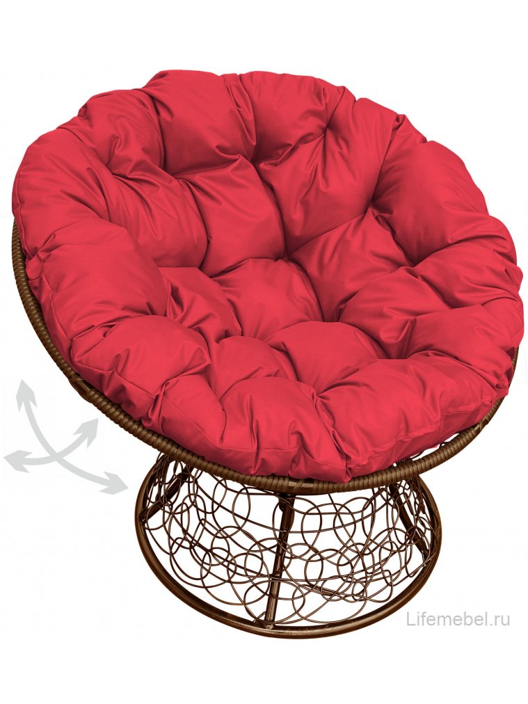 Кресло из ротанга Папасан коричневое / красная подушка