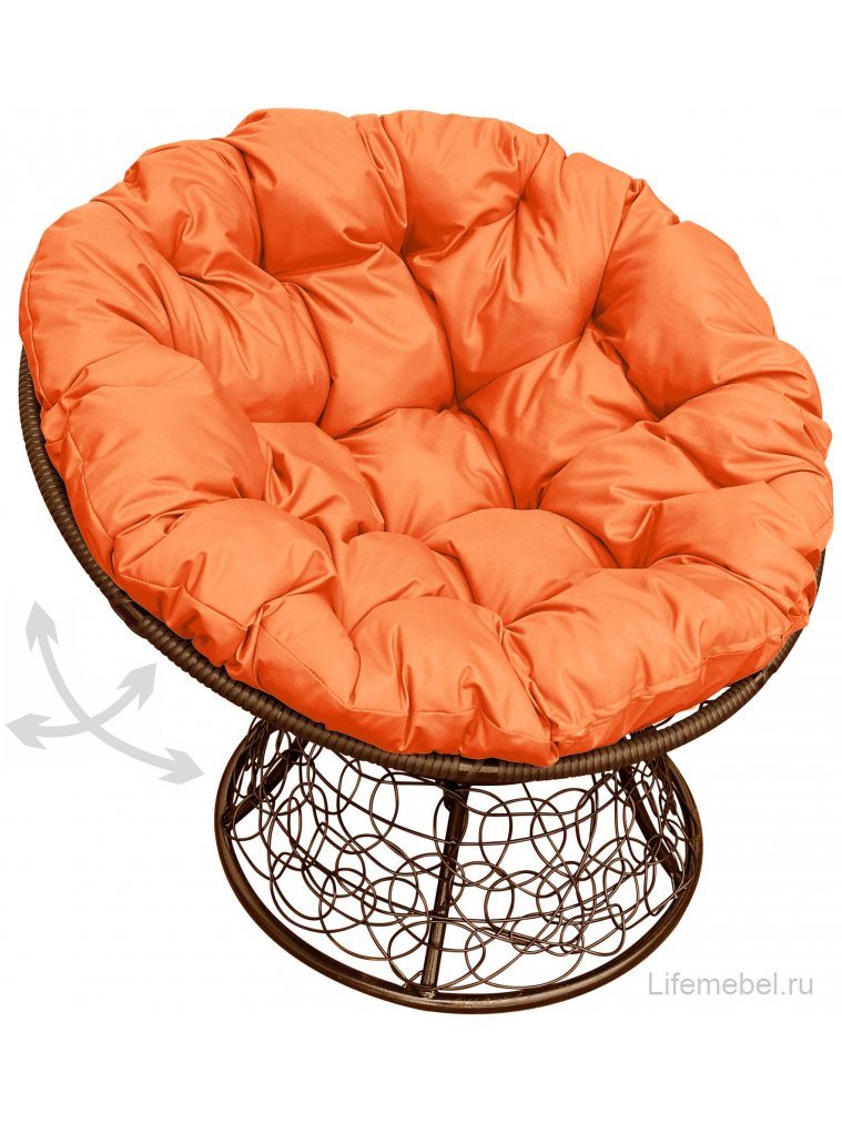 Кресло из ротанга Папасан коричневое / оранжевая подушка
