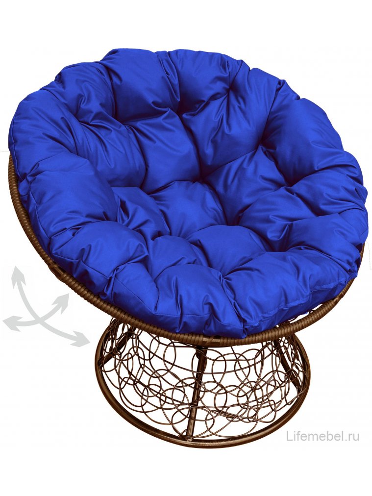 Кресло из ротанга Папасан коричневое / синяя подушка