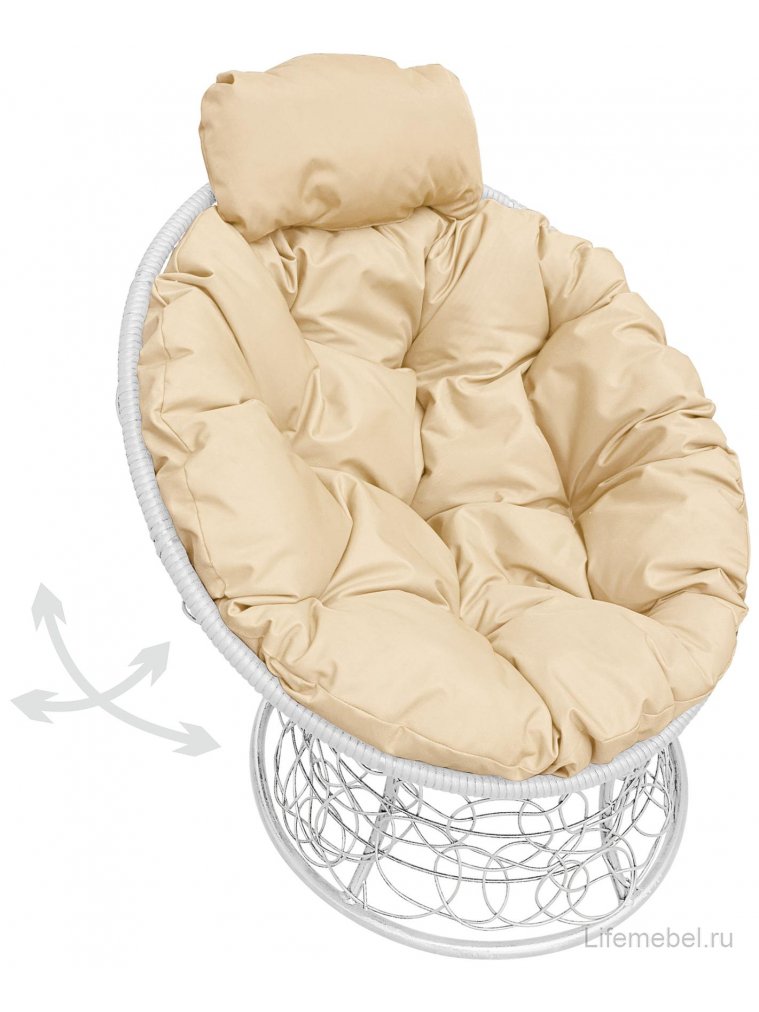 Кресло из ротанга Папасан мини белое / бежевая подушка