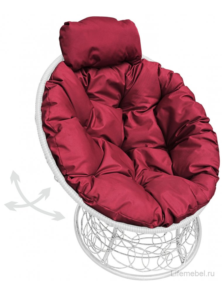 Кресло из ротанга Папасан мини белое / бордовая подушка