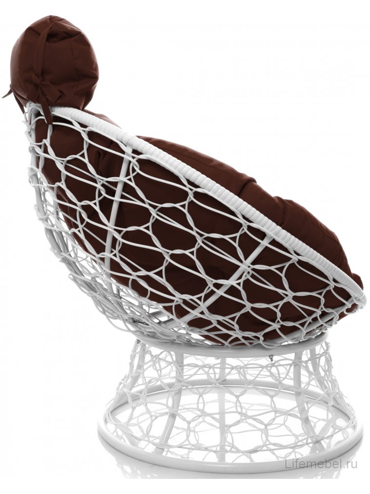 Кресло из ротанга Папасан мини белое / коричневая подушка