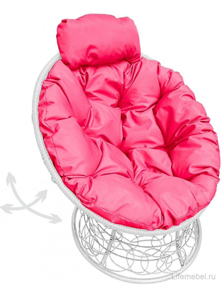 Кресло из ротанга Папасан мини белое / розовая подушка
