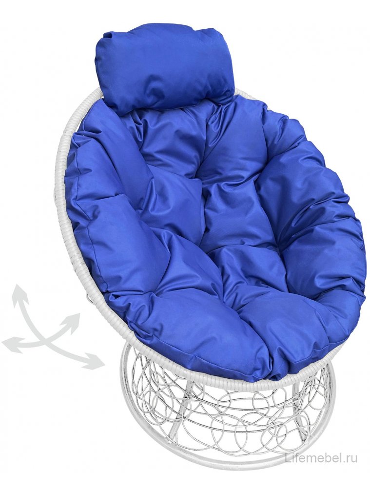 Кресло из ротанга Папасан мини белое / синяя подушка