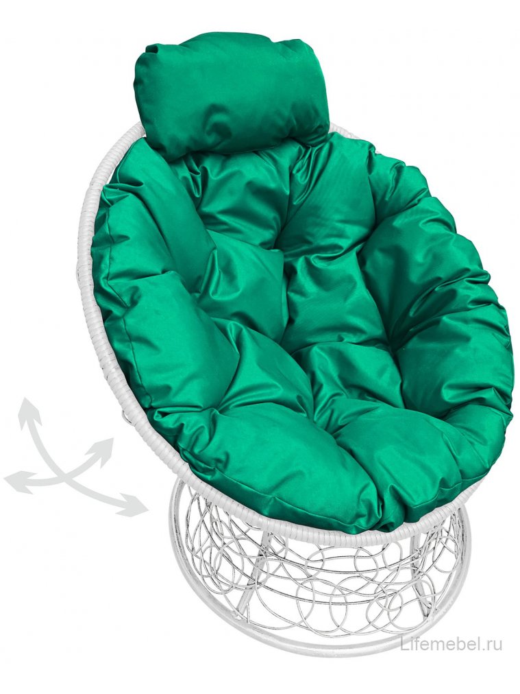 Кресло из ротанга Папасан мини белое / зелёная подушка